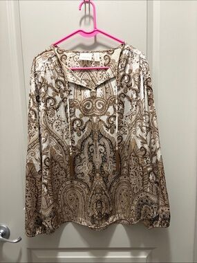 Chico's Cream and Brown Paisley Tie-Neck Blouse